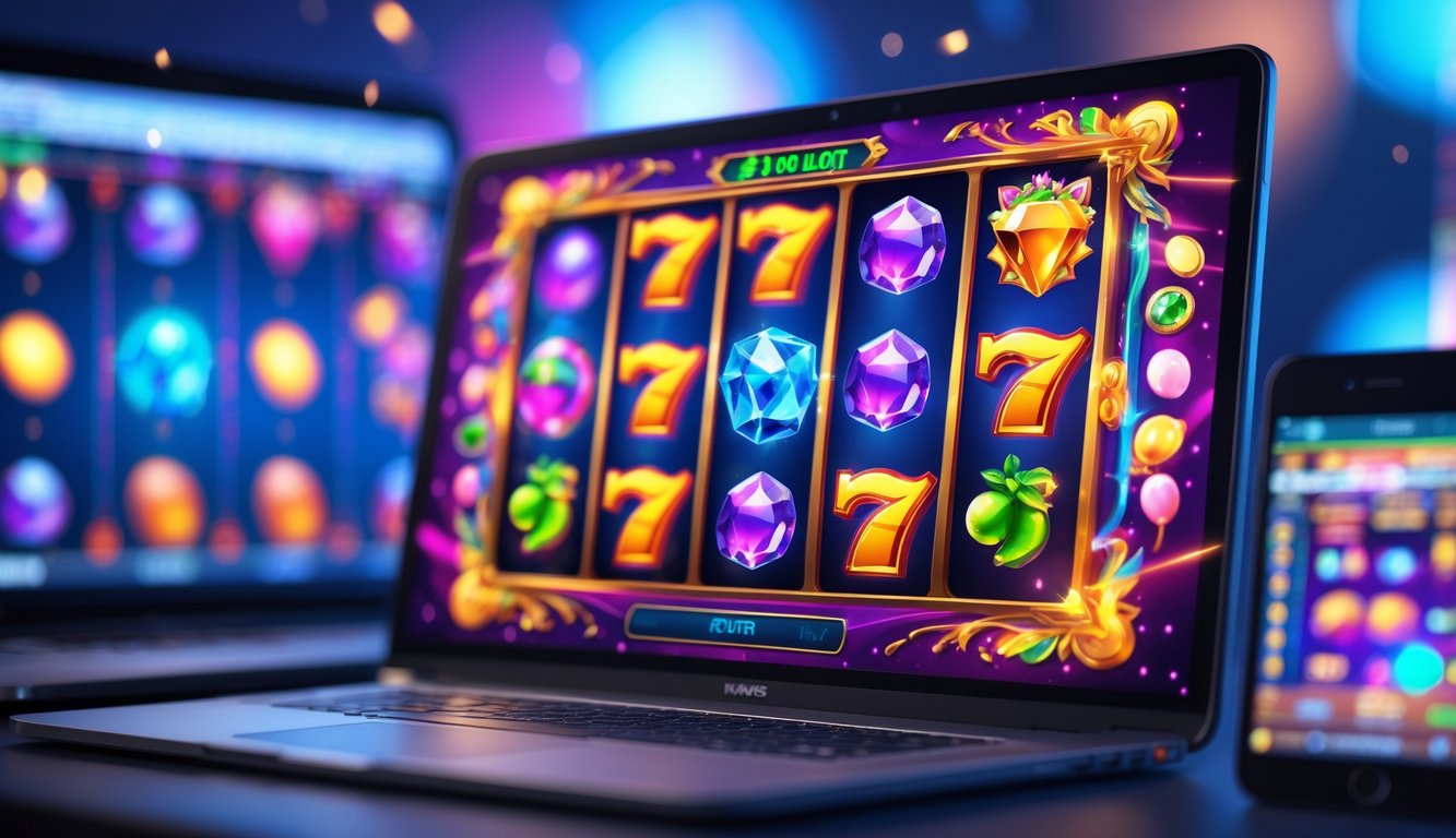 Tampilan layar permainan slot online berwarna-warni dengan simbol animasi dan perangkat modern di sekitarnya.