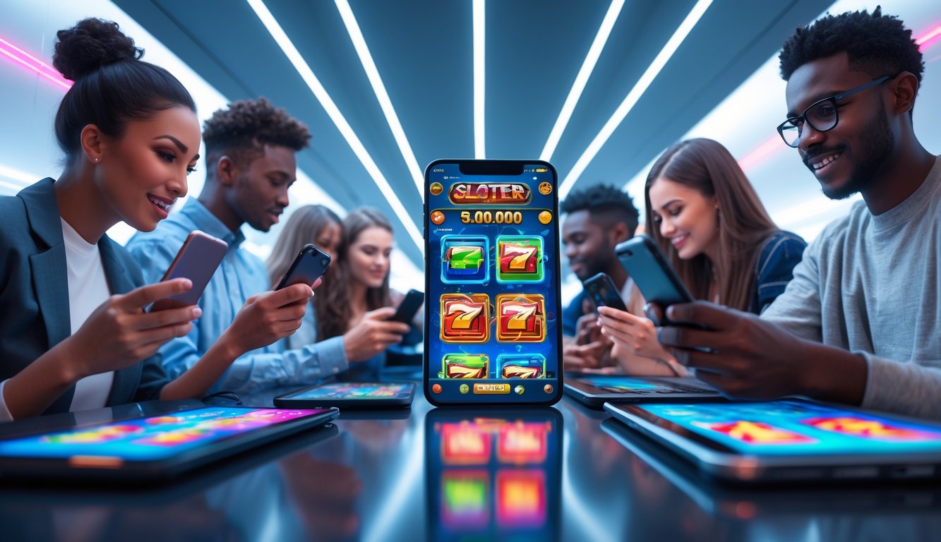 Orang-orang muda menggunakan ponsel, tablet, dan laptop untuk bermain slot online dengan latar belakang modern dan pencahayaan cerah.