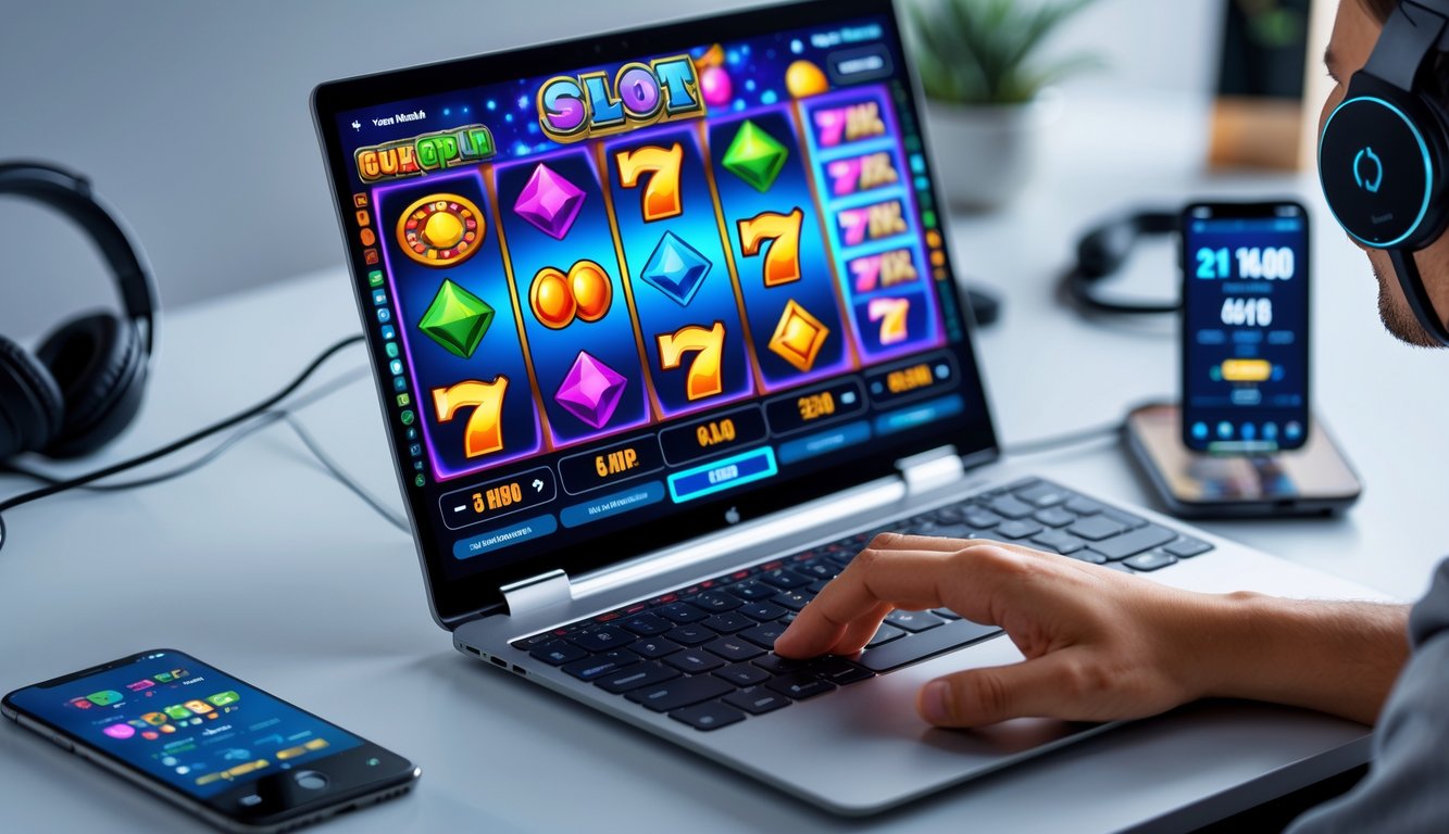 Seorang pengguna sedang bermain permainan slot online di laptop dengan tampilan layar penuh warna dan simbol permainan yang menarik.