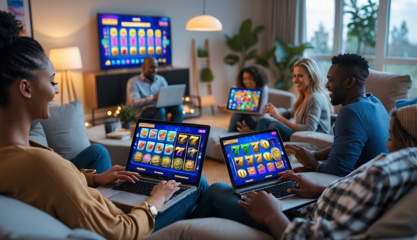 Sekelompok orang dewasa bermain permainan slot online di ruang tamu modern yang nyaman dengan laptop dan tablet.
