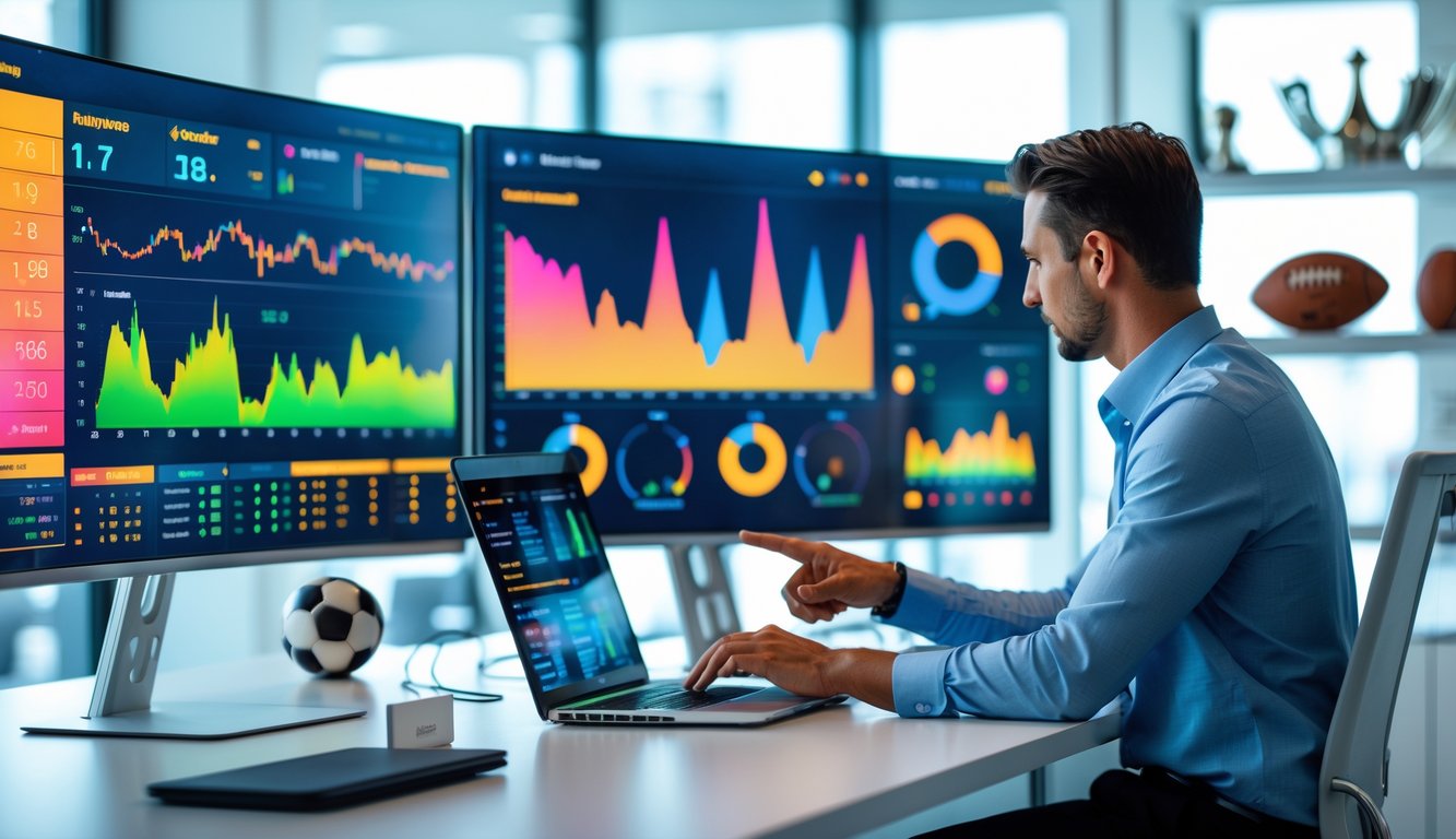 Seorang profesional sedang menganalisis data statistik pertandingan olahraga di ruang kerja modern dengan beberapa layar komputer yang menampilkan grafik dan data pertandingan.