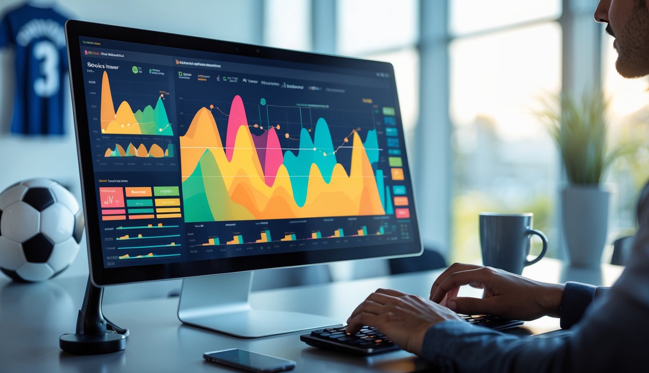 Seorang analis olahraga sedang bekerja dengan grafik performa tim sepak bola di layar komputer di ruang kantor modern.