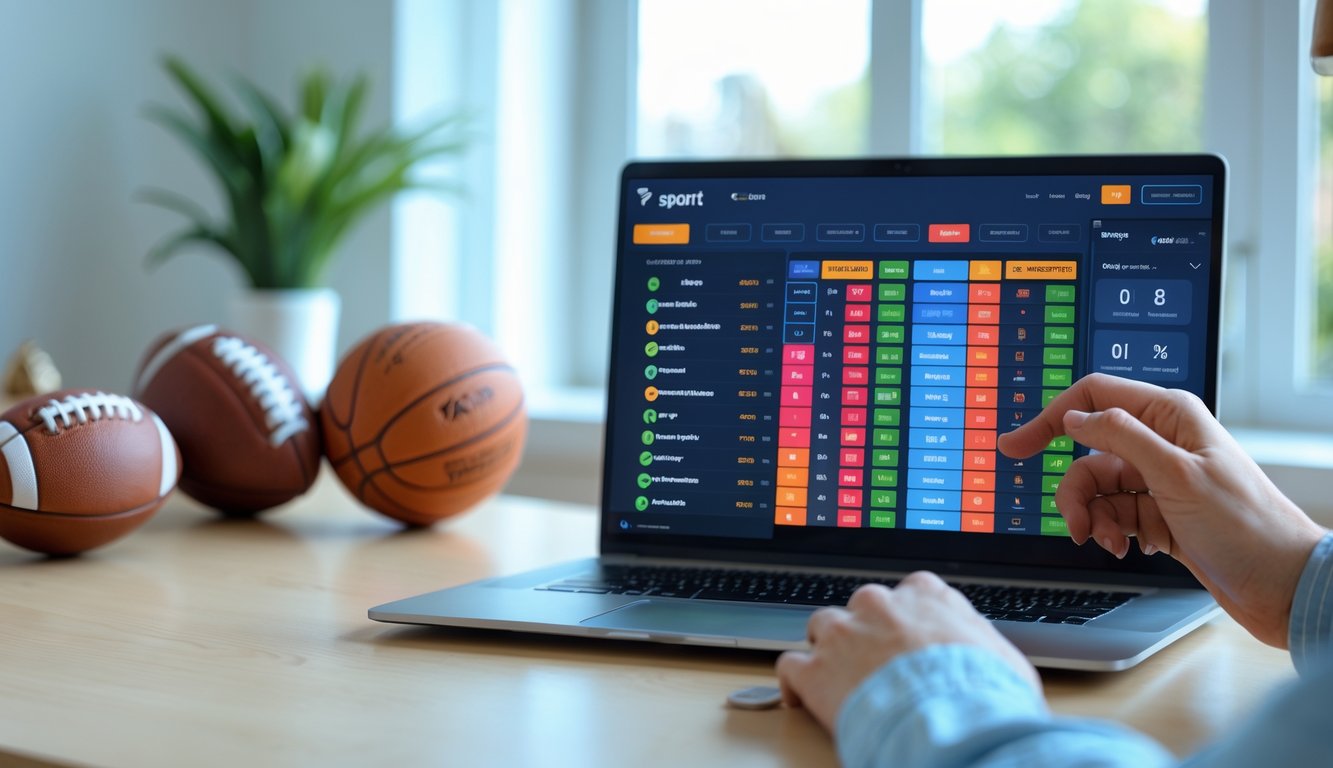 Seseorang menggunakan laptop dengan tampilan antarmuka taruhan olahraga yang menampilkan berbagai jenis pertandingan dan pasar taruhan.
