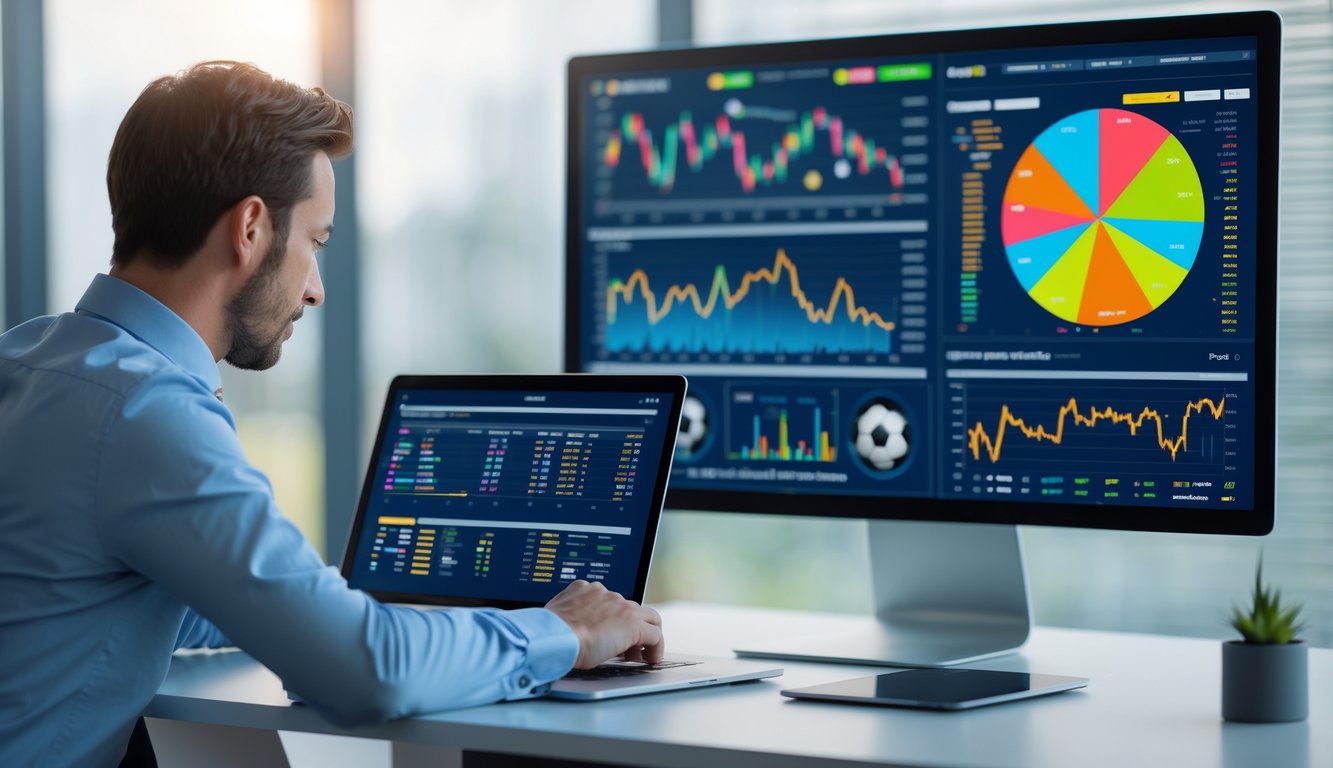 Seseorang sedang menganalisis data pertandingan sepak bola di depan komputer dan tablet di ruang kerja modern.