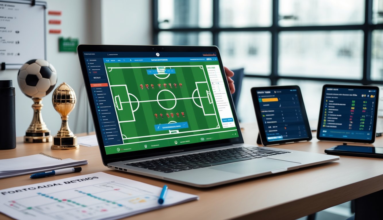 Seorang pria duduk di meja kerja dengan laptop yang menampilkan diagram formasi sepak bola dan taktik tim, dikelilingi oleh perangkat elektronik dan catatan terkait analisa laga.