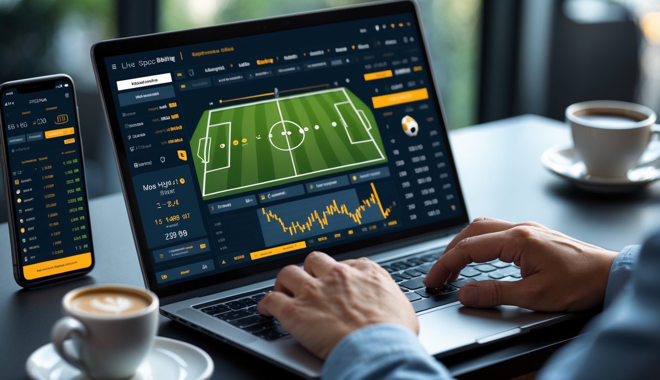 Seseorang sedang menggunakan laptop untuk menganalisis pertandingan sepak bola secara online dengan data dan grafik yang terlihat di layar.