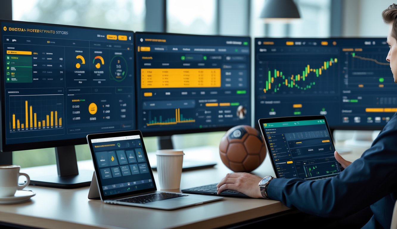 Seseorang menggunakan komputer dengan layar menampilkan statistik sepak bola dan data taruhan sebelum pertandingan.