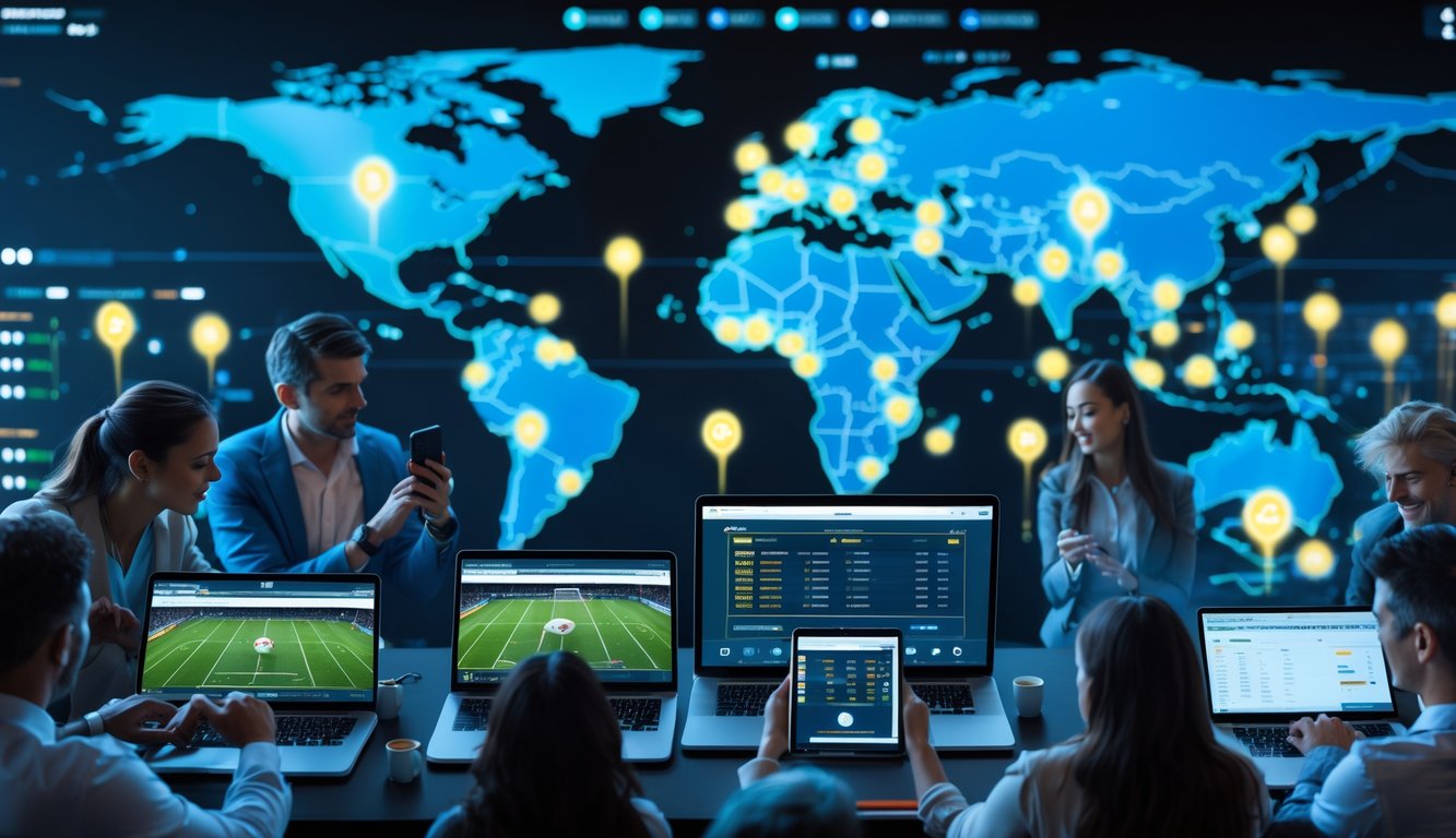 Orang-orang menggunakan perangkat digital untuk taruhan bola online dengan peta dunia yang menampilkan liga dan turnamen sepak bola global.