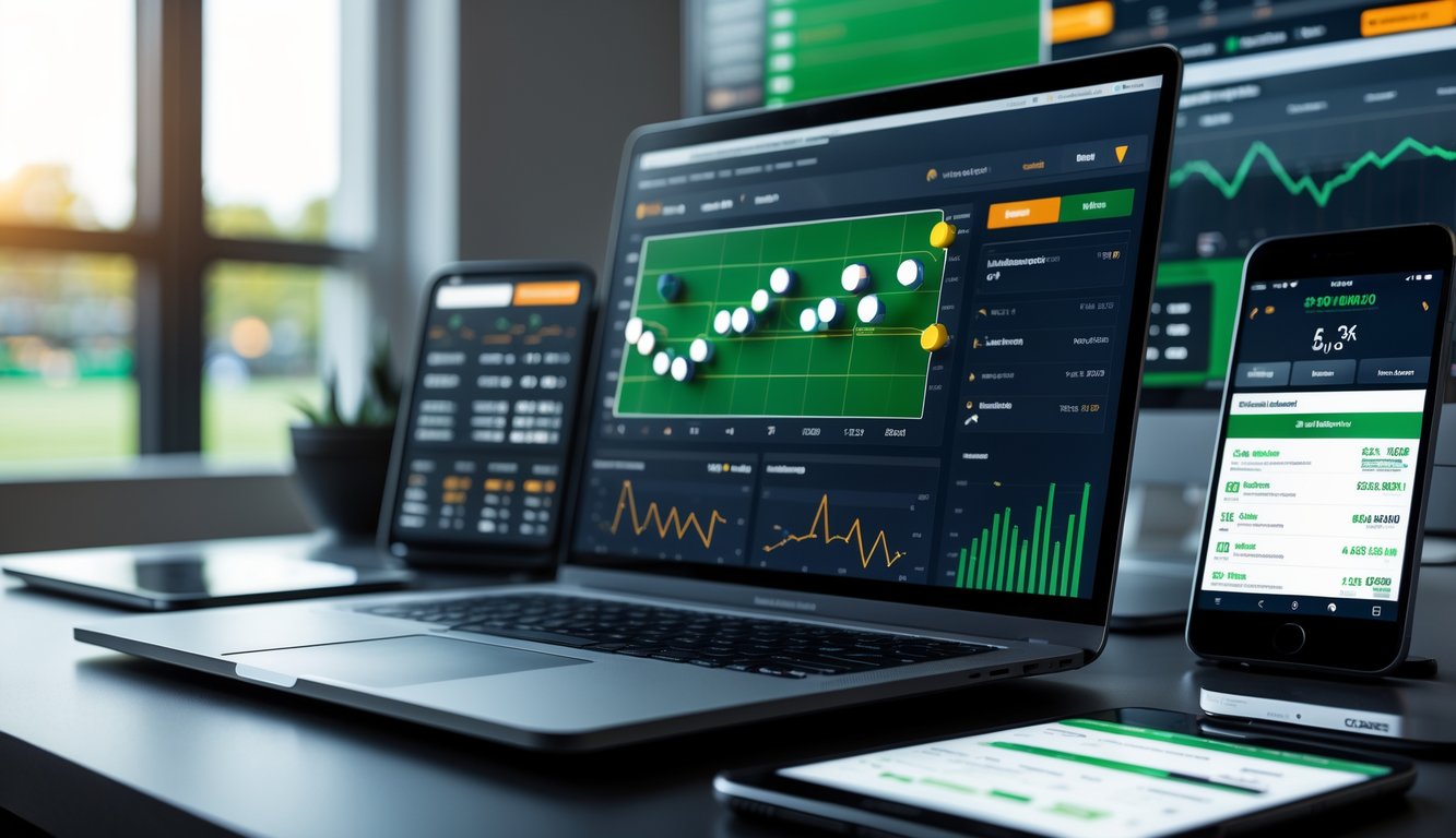 Seorang pria duduk di depan laptop dengan grafik analisis sepak bola dan perangkat digital lain di meja, latar belakang stadion sepak bola terlihat samar.
