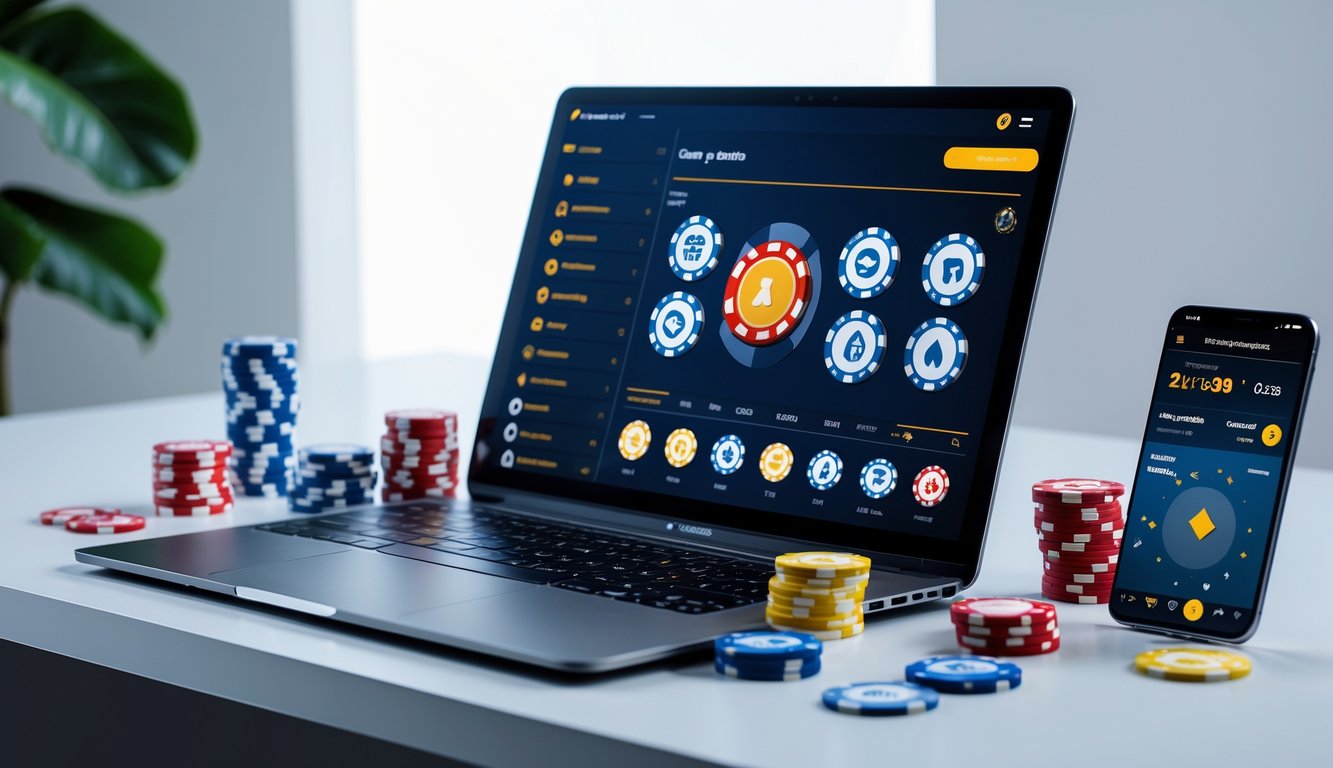 Seseorang menggunakan laptop dengan tampilan situs judi online yang mudah dinavigasi dan lengkap informasi permainannya, dikelilingi oleh kartu remi, chip poker, dan ponsel.