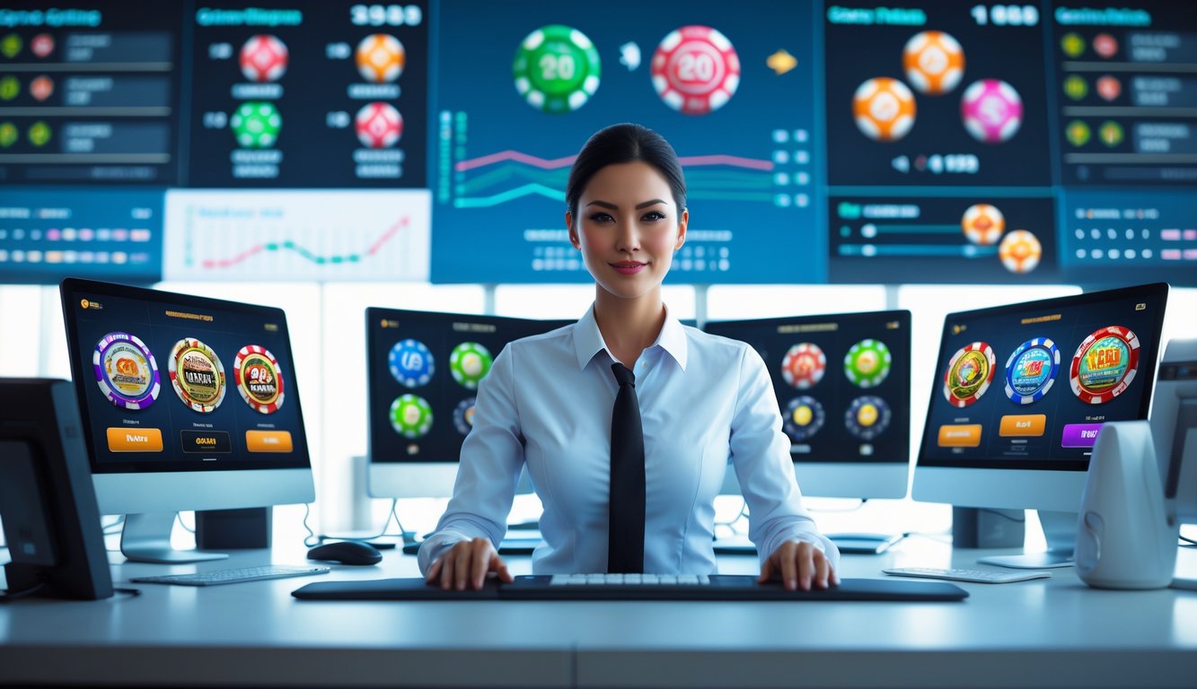 Seseorang duduk di depan komputer dengan beberapa layar menampilkan permainan judi online yang stabil dan responsif.