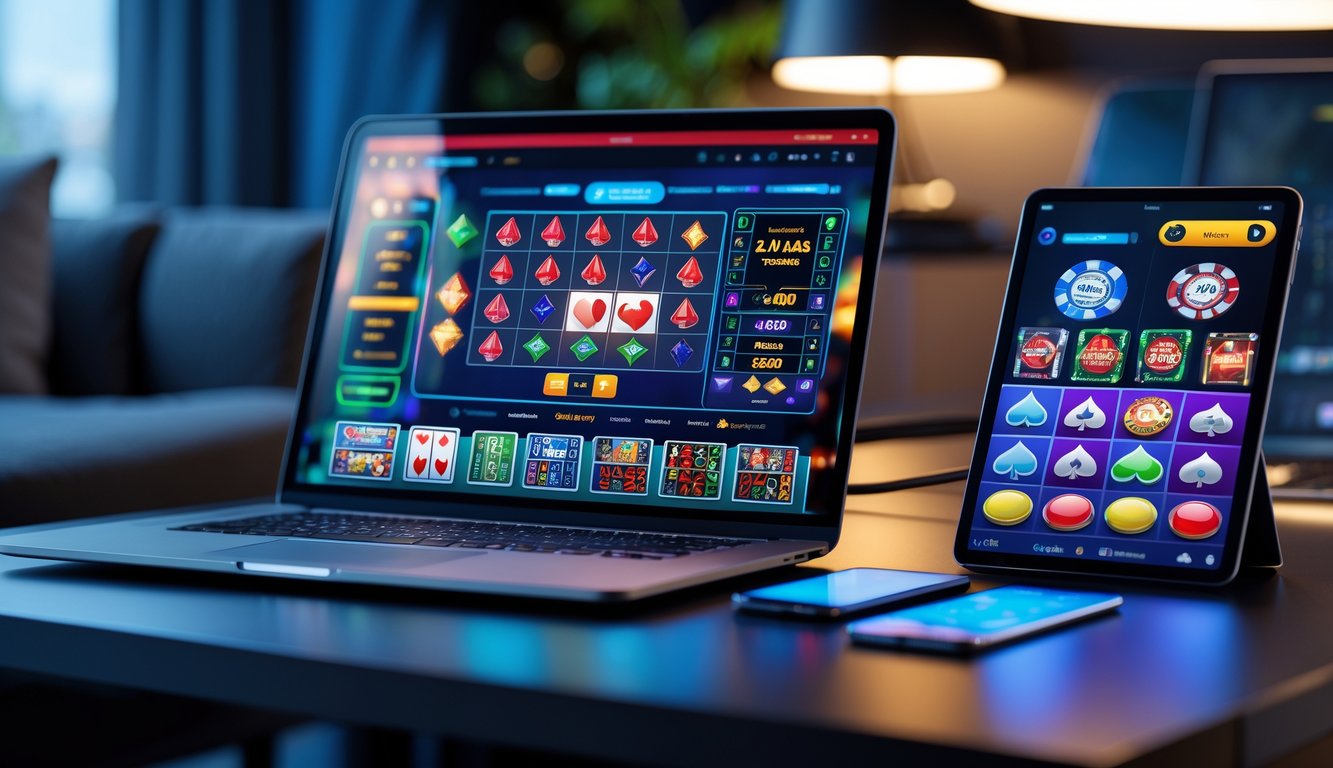 Sebuah meja kerja modern dengan laptop, tablet, dan ponsel yang menampilkan berbagai permainan judi online populer.