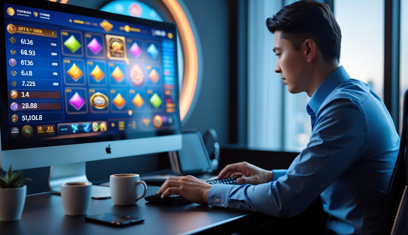 Seseorang duduk di meja kerja dengan komputer menampilkan permainan judi online yang terorganisir dan fokus.