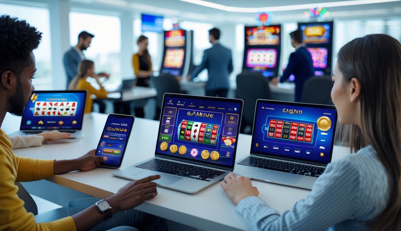 Beberapa orang menggunakan perangkat digital untuk bermain berbagai permainan judi online di lingkungan kerja yang modern dan terang.