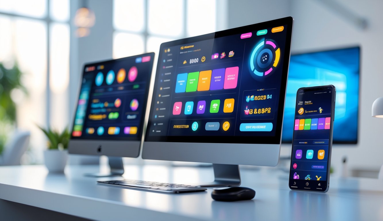 Tampilan antarmuka situs judi online inovatif pada komputer dan smartphone di atas meja kantor modern.