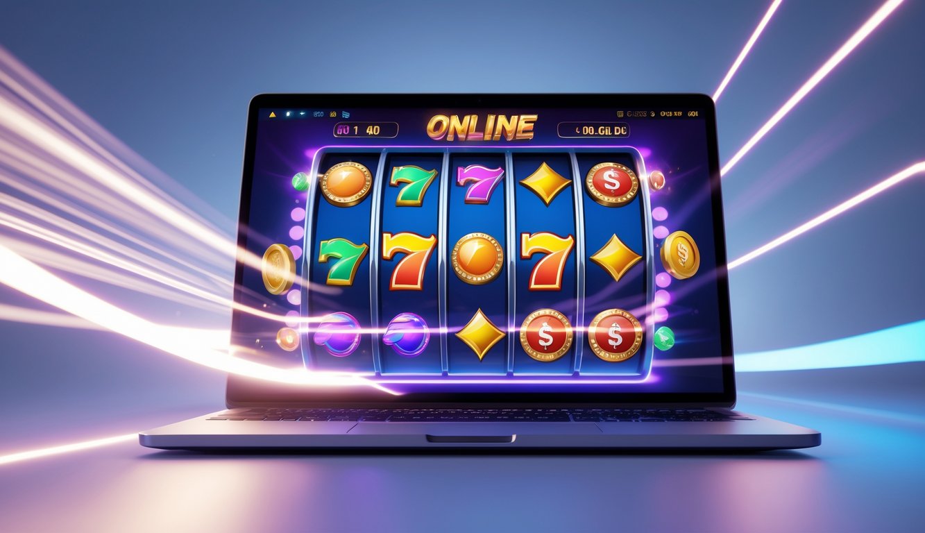 Layar komputer menampilkan permainan slot online dengan gulungan berputar dan simbol warna-warni, dikelilingi efek cahaya yang menunjukkan gerakan dinamis.