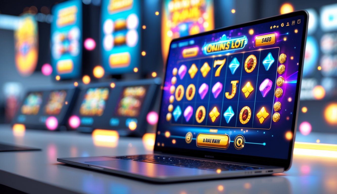 Layar komputer menampilkan permainan slot online dengan berbagai simbol dan efek visual yang menunjukkan mekanisme bermain yang beragam.
