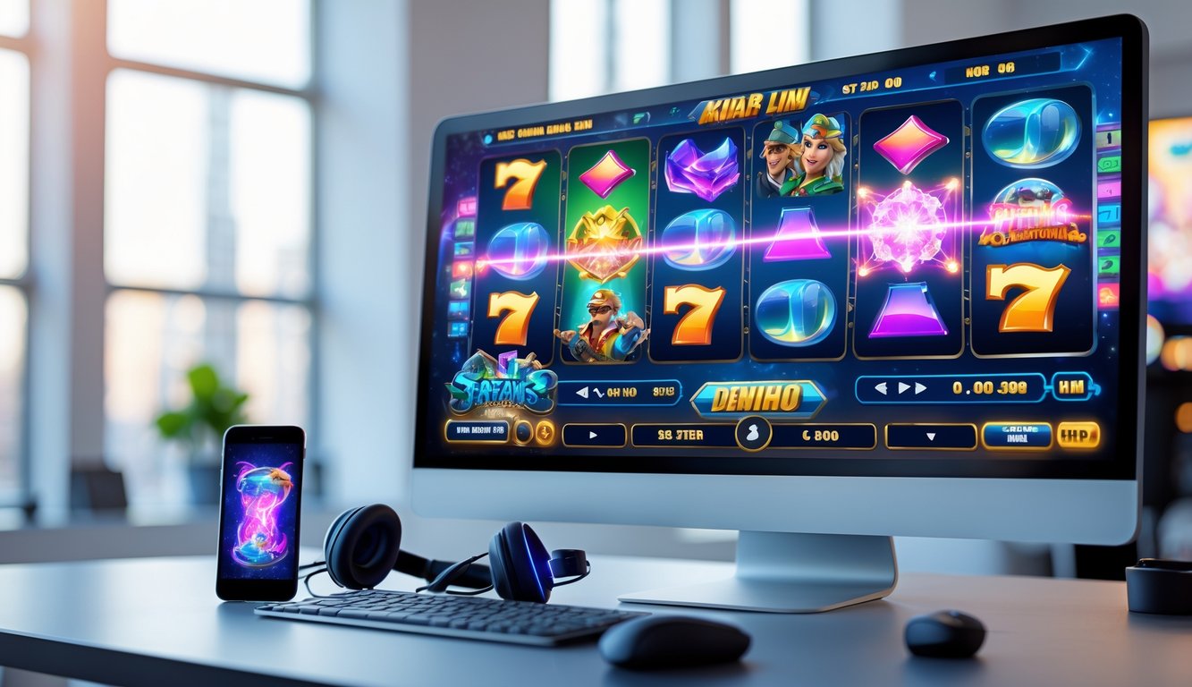 Tampilan layar komputer dengan permainan slot online berwarna-warni dan fitur interaktif di sebuah kantor modern.