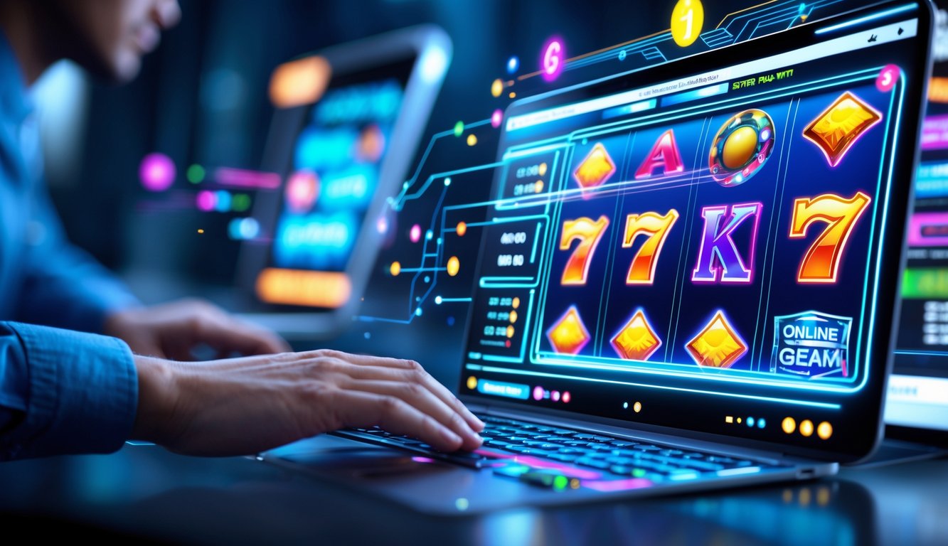 Layar mesin slot online modern dengan gulungan warna-warni yang berputar dan pengguna yang berinteraksi dengan perangkat digital.