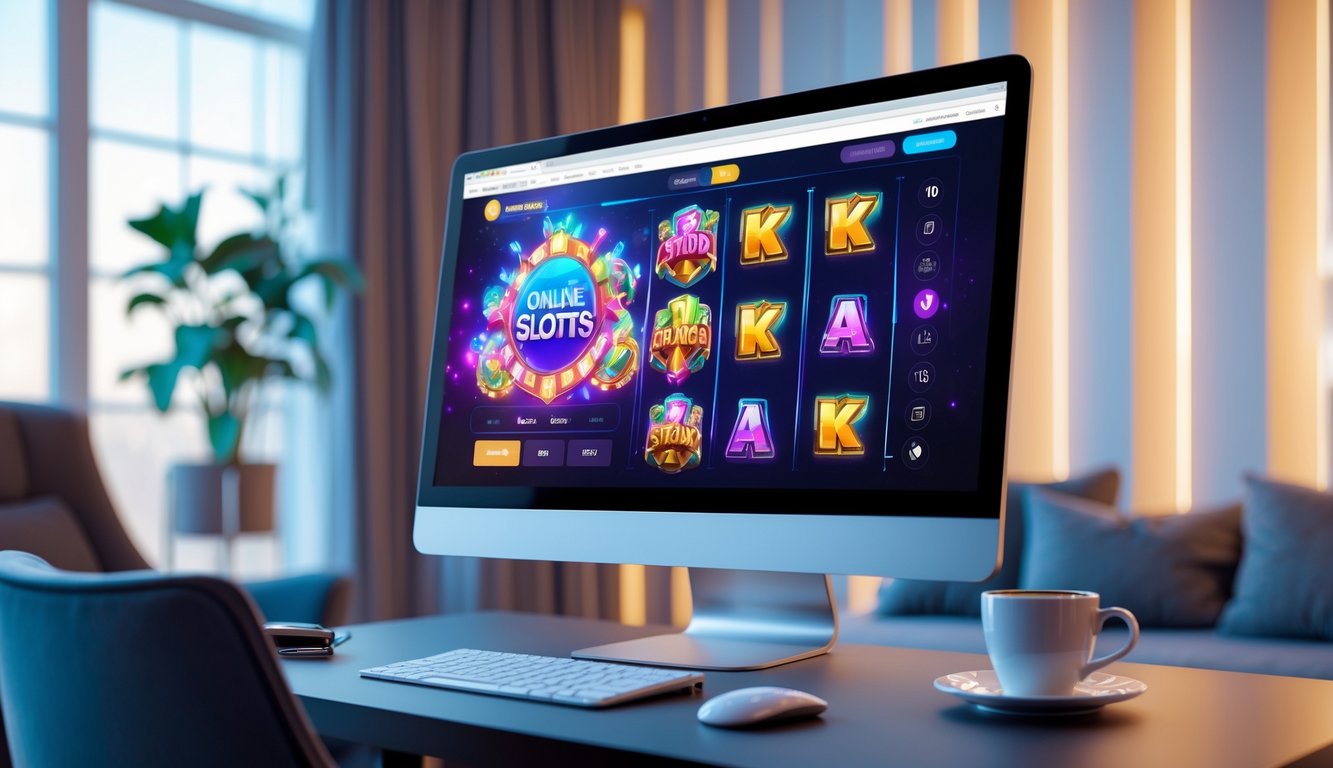 Sebuah layar komputer modern menampilkan permainan slot online berwarna-warni di sebuah ruangan terang dengan pencahayaan lembut dan suasana nyaman.