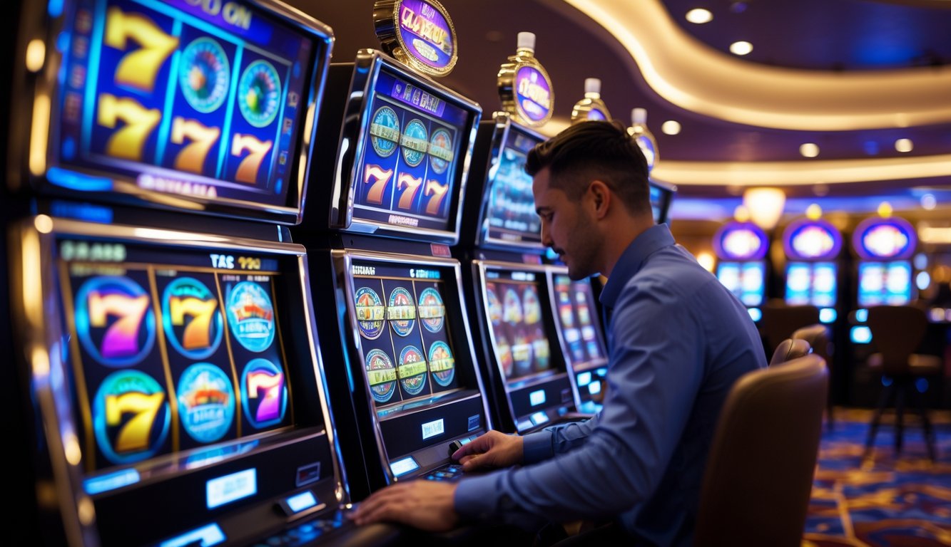 Area mesin slot di kasino dengan beberapa mesin slot berwarna cerah dan seorang pemain yang fokus bermain.