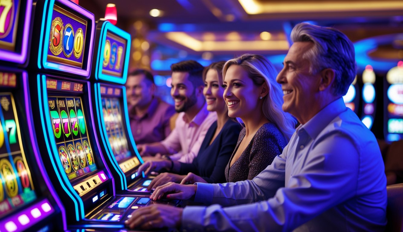 Beberapa orang sedang bermain mesin slot yang berwarna-warni di dalam kasino dengan suasana cerah dan ramai.