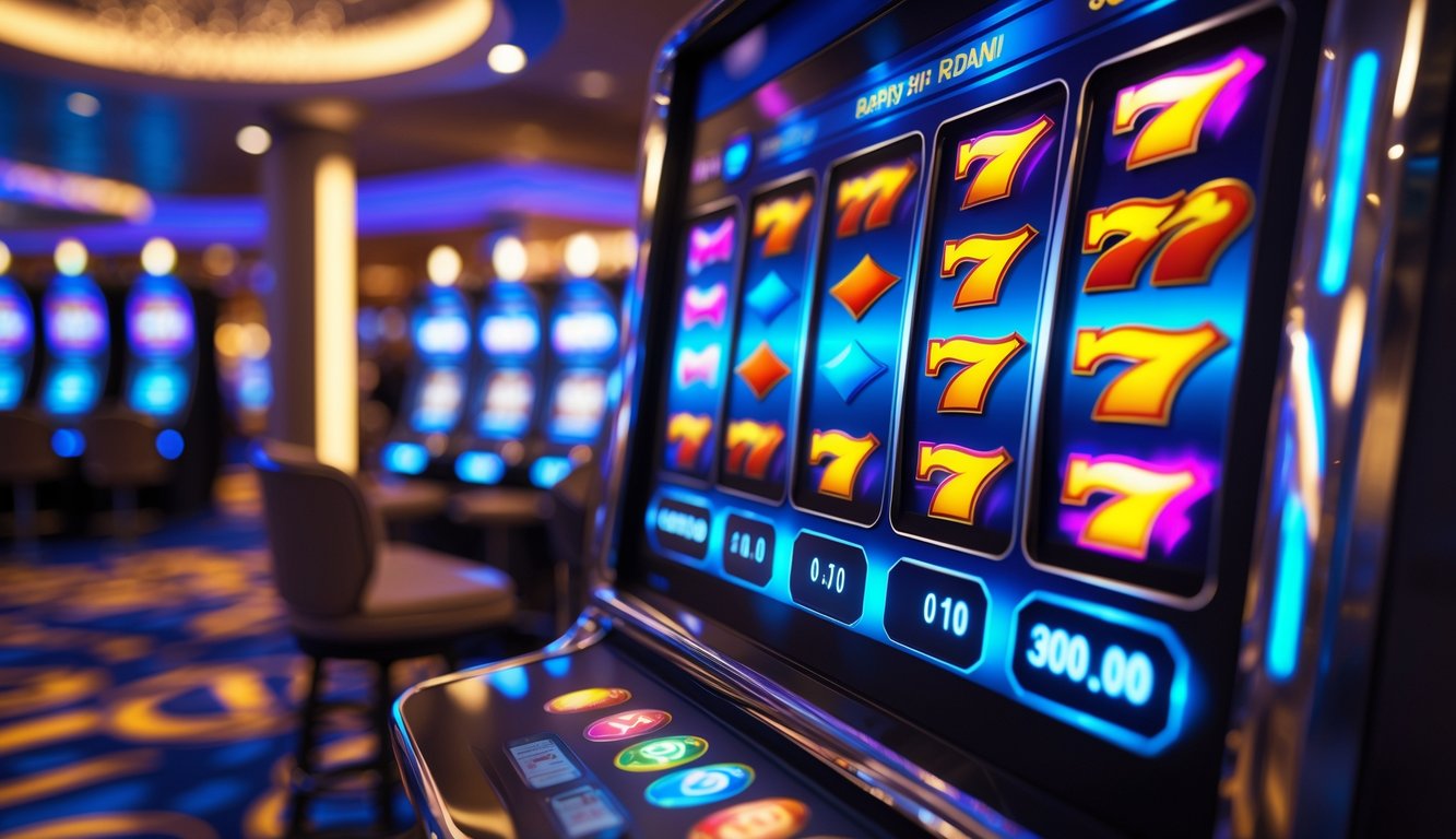 Mesin slot modern dengan layar digital berwarna-warni di dalam kasino yang elegan.