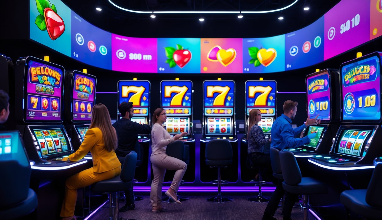 Suasana ruang bermain game slot yang modern dengan beberapa orang yang sedang bermain di depan layar besar menampilkan permainan slot yang berwarna-warni.