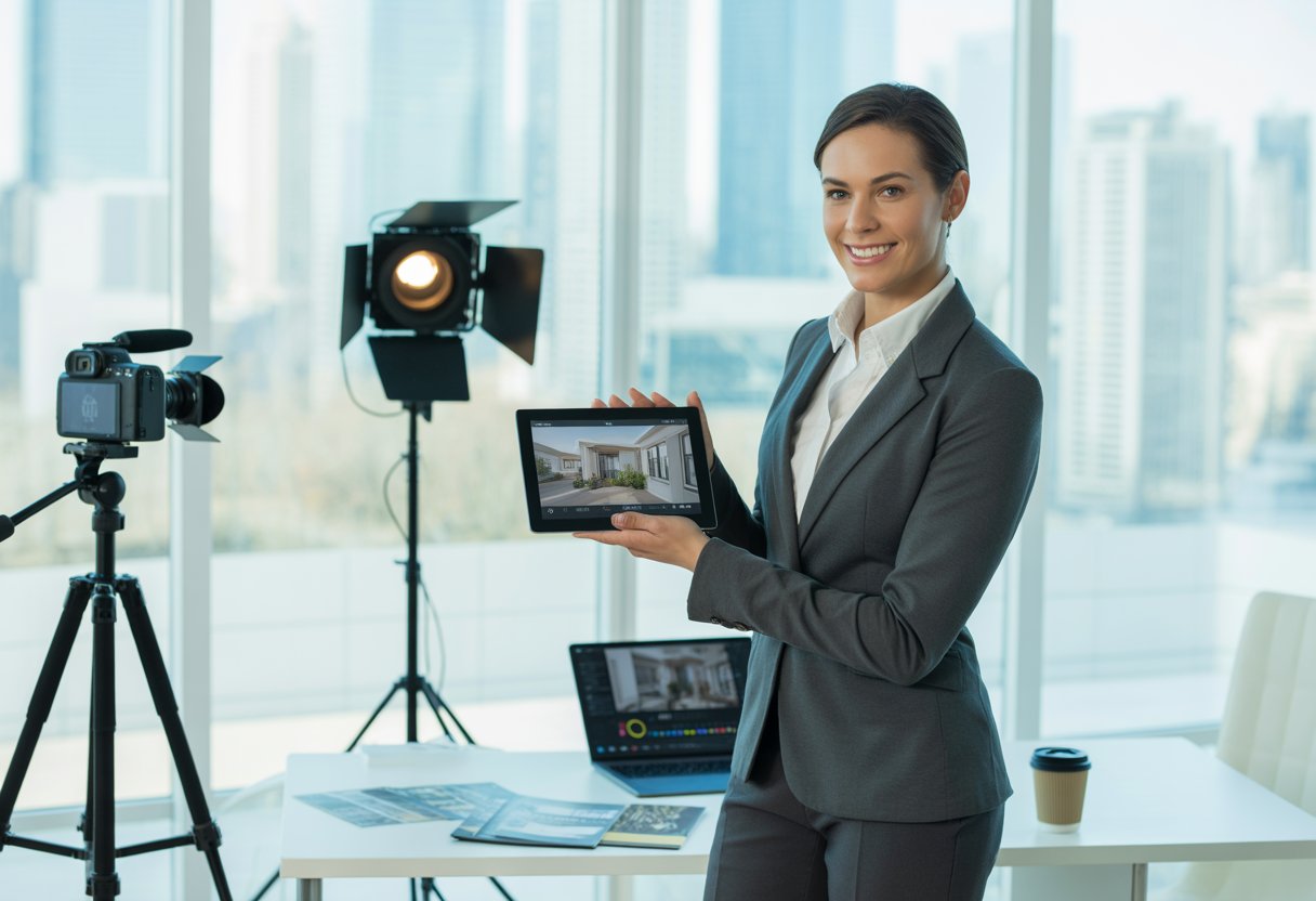 A real estate agent in an office holding a tablet showing a property video, with video equipment and marketing materials on a desk nearby.