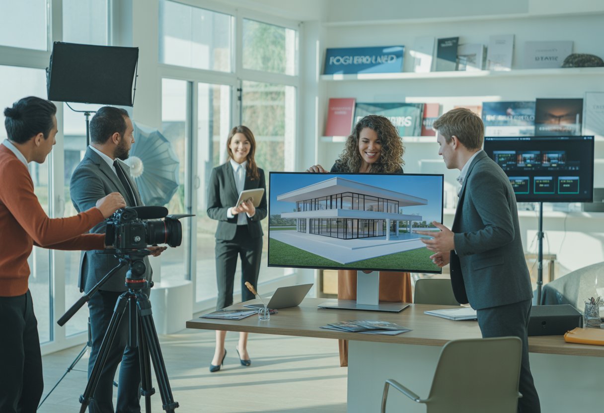 A team filming a real estate agent presenting a property in a modern office with video equipment and branding materials.