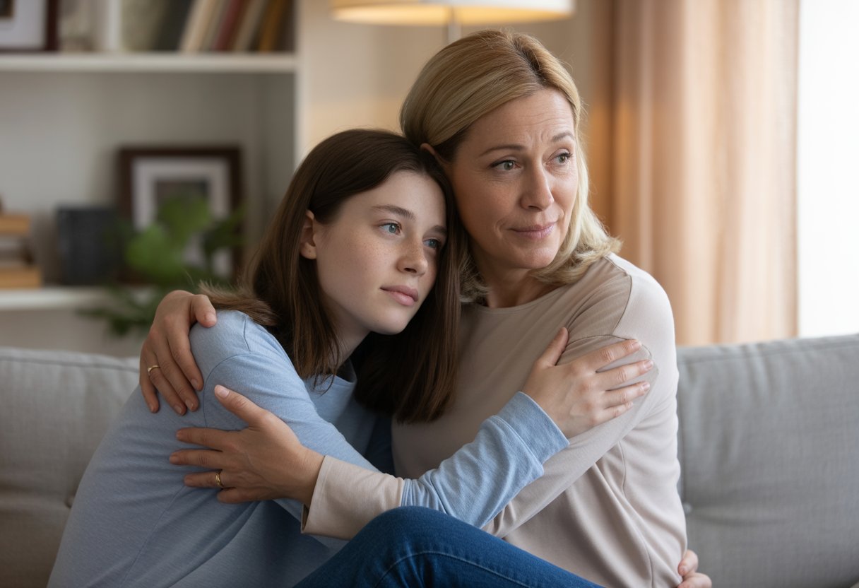 A middle-aged woman gently embracing a teenage girl in a cozy living room, showing a loving but complex relationship.