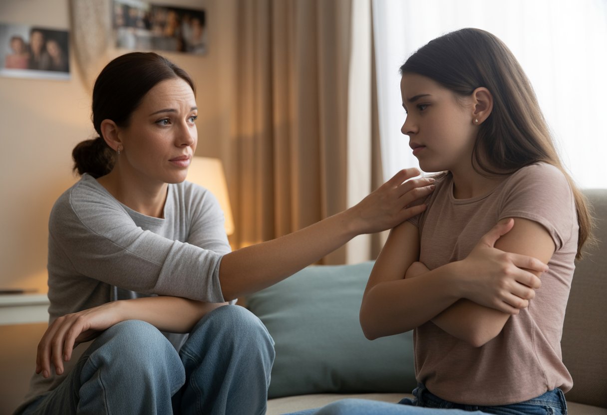 A woman gently reaches out to a teenage girl who is sitting apart with crossed arms, looking away in a living room.