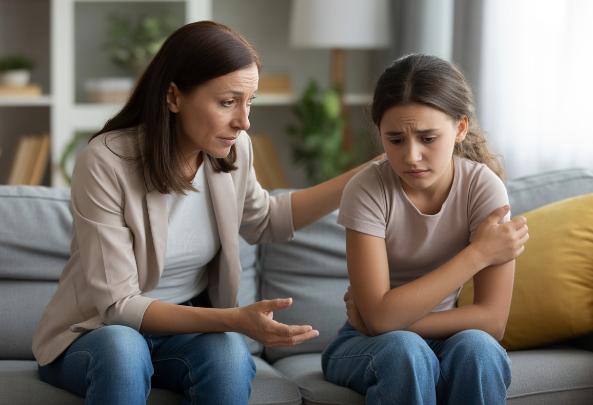 A middle-aged woman reaches out to a teenage girl who sits with crossed arms looking away, showing emotional distance in a living room.
