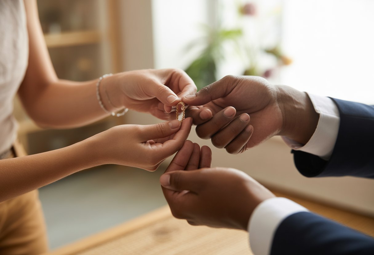 Two people gently exchanging a piece of jewelry, symbolizing trust and connection.