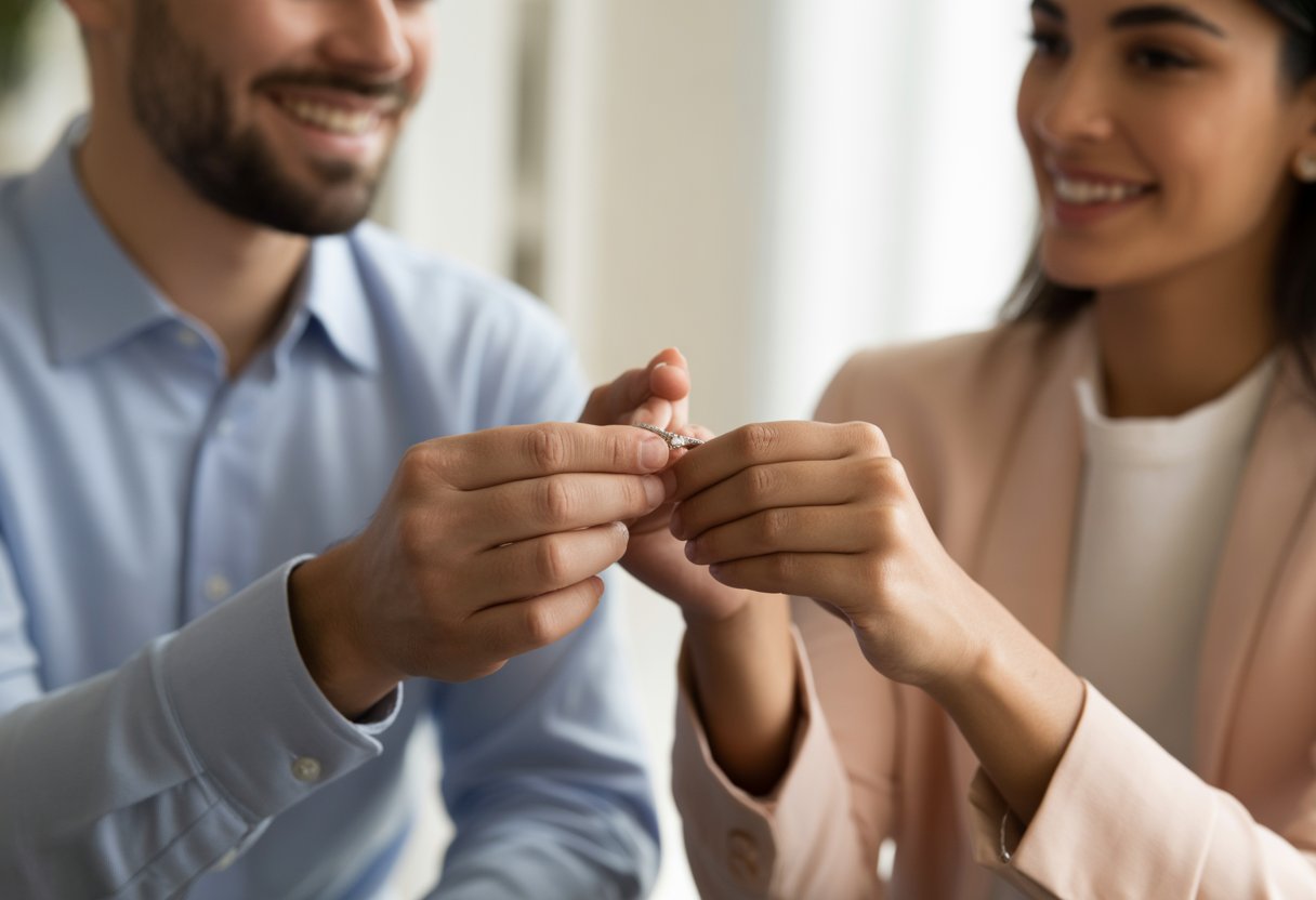 Two people exchanging a small piece of jewelry with warm smiles, focusing on their hands and the jewelry in a bright, softly lit setting.