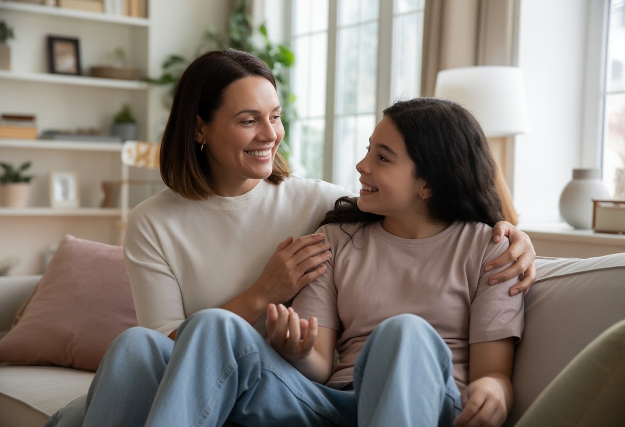 A stepmother and her teenage bonus daughter smiling and talking together on a sofa in a cozy living room.