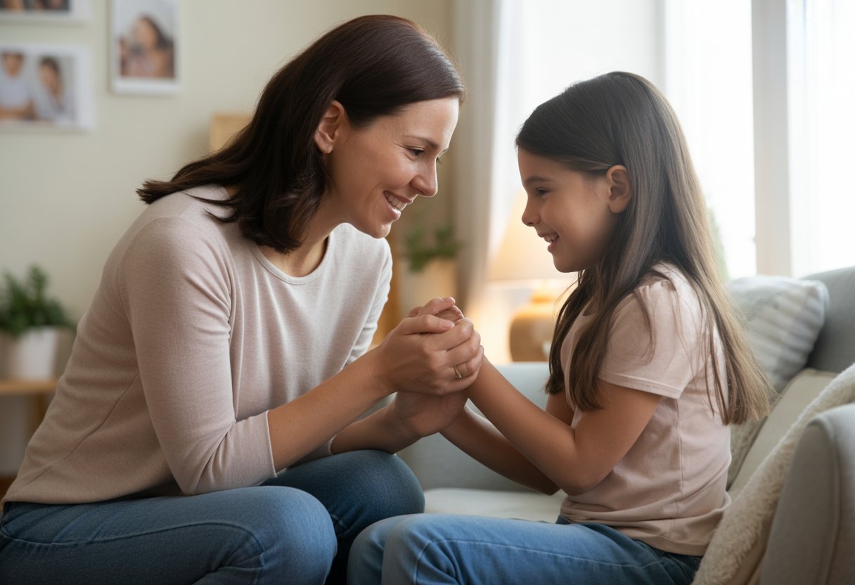 A stepmother and her young bonus daughter holding hands and smiling warmly at each other in a cozy living room.