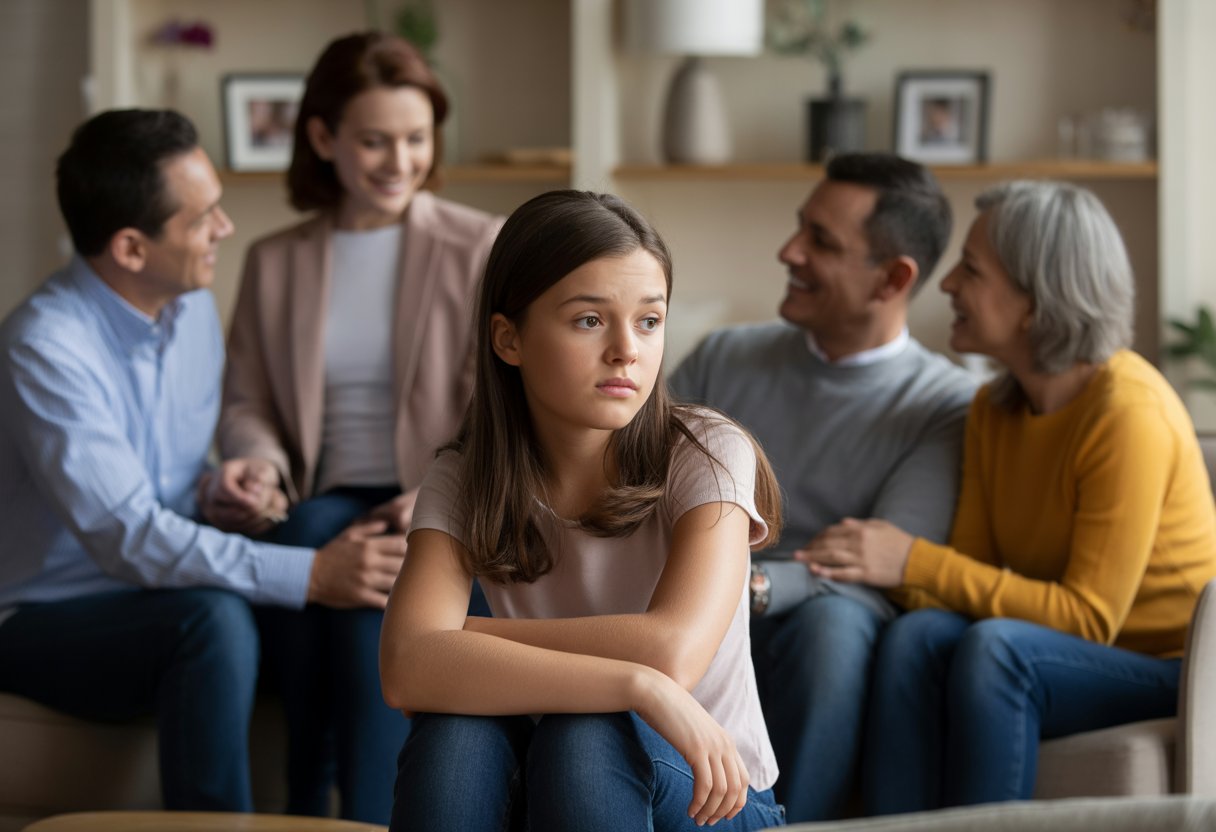 A teenage girl sitting slightly apart from a family in a living room, looking thoughtful and distant while the family interacts nearby.