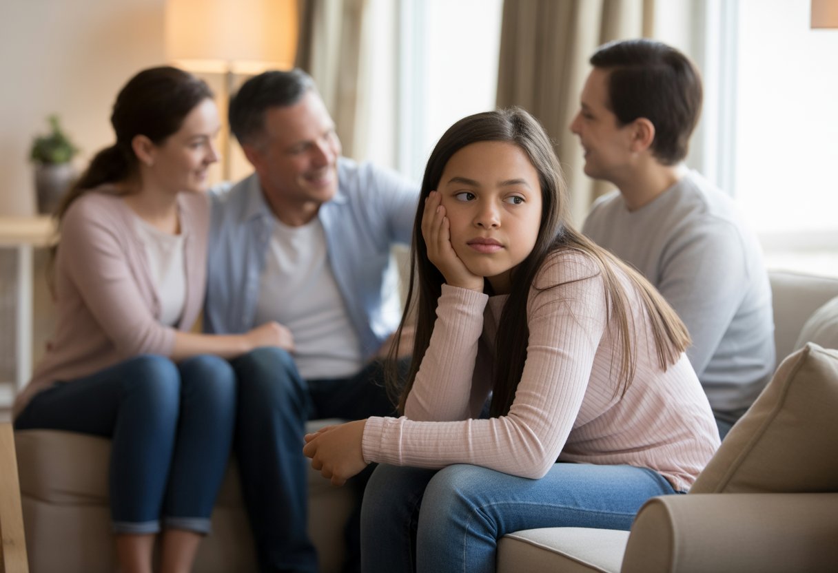 A teenage girl sitting apart from a family who are interacting warmly in a living room, looking thoughtful and isolated.