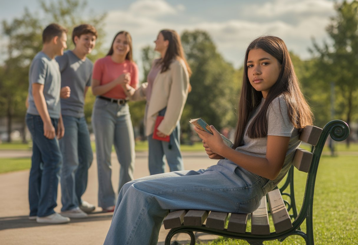 A teenage girl sitting alone on a park bench looking thoughtful while a group of other teenagers nearby talk and laugh together.