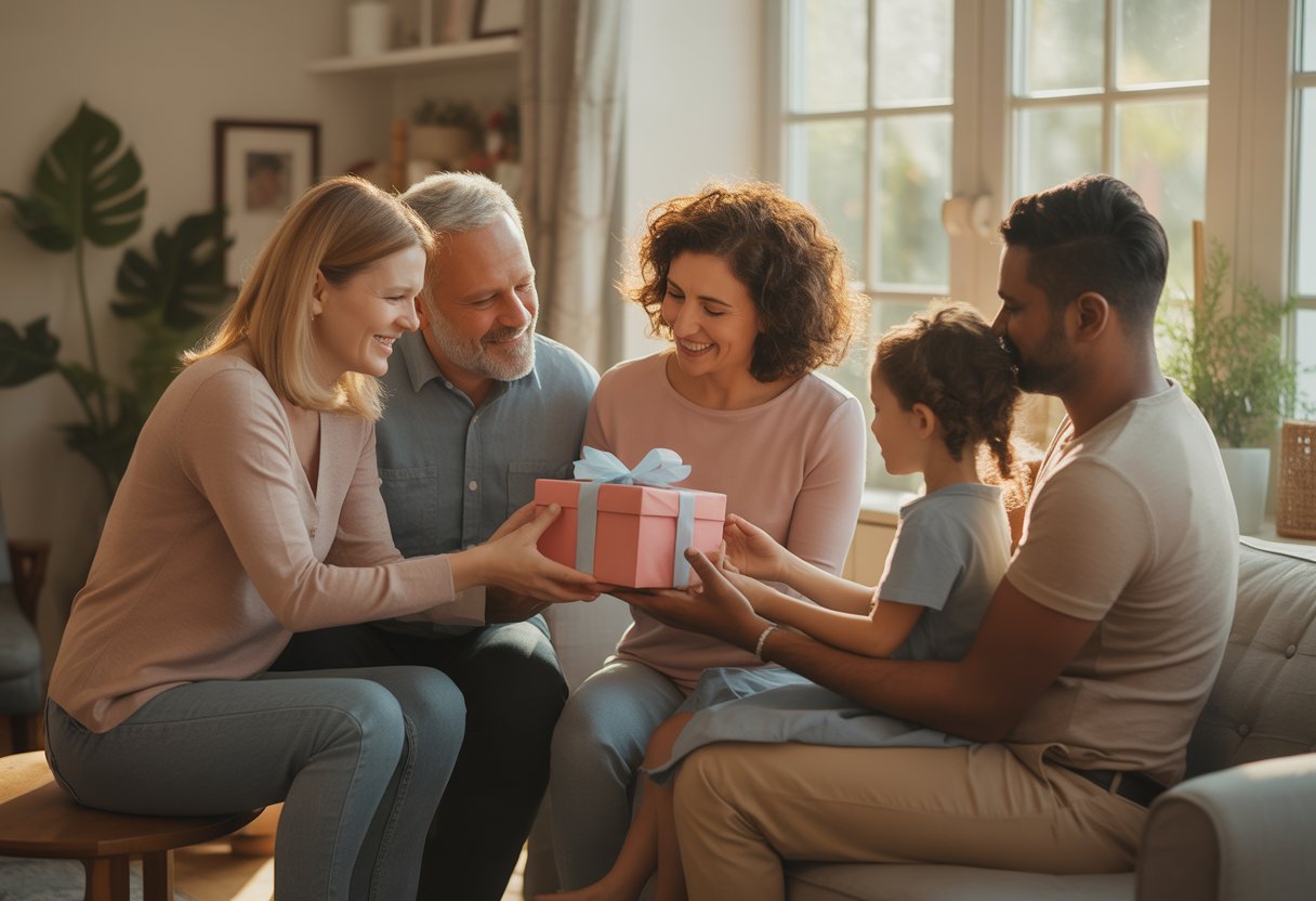 A blended family exchanging gifts and smiling together in a cozy living room, showing warmth and connection.