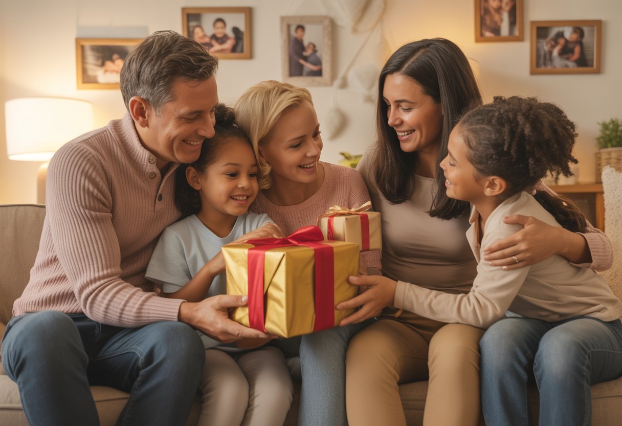A blended family exchanging gifts and embracing each other in a cozy living room.