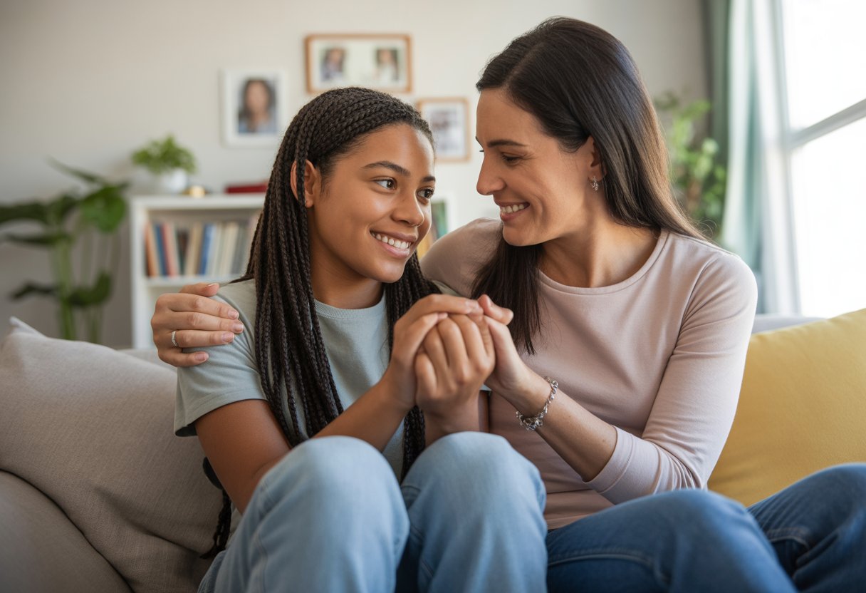 A mother and her teenage bonus daughter sitting together on a couch, holding hands and smiling warmly at each other.
