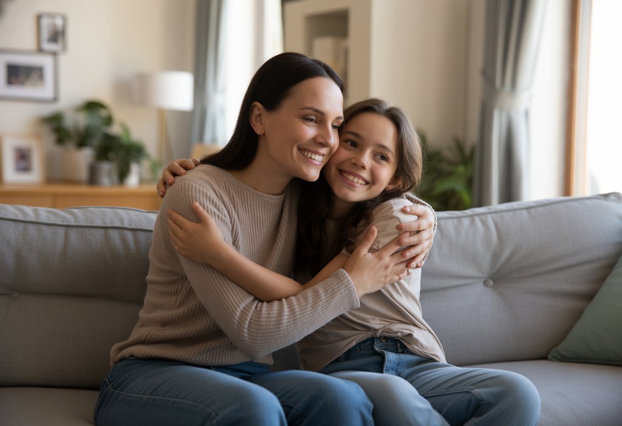 A woman embraces her smiling teenage bonus daughter in a cozy living room, showing affection and pride.