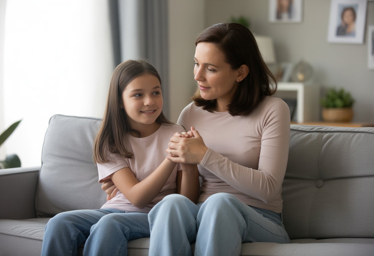 A mother and her teenage bonus daughter sit together on a sofa, holding hands and sharing a tender moment.