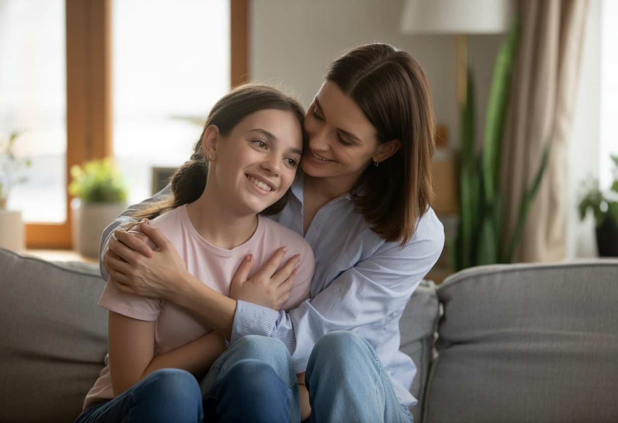 A woman gently embraces a teenage girl in a cozy living room, showing affection and warmth.
