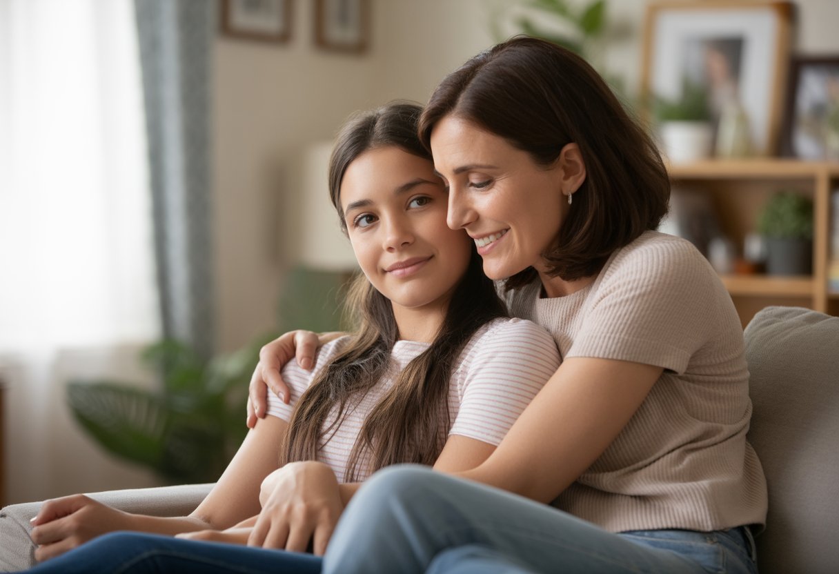 A woman gently hugging her teenage bonus daughter in a cozy living room, both showing affection and comfort.