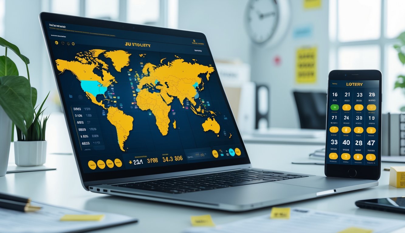 Seorang pria menggunakan laptop dan ponsel di meja kerja modern dengan tampilan antarmuka lotre digital dan peta dunia di layar.