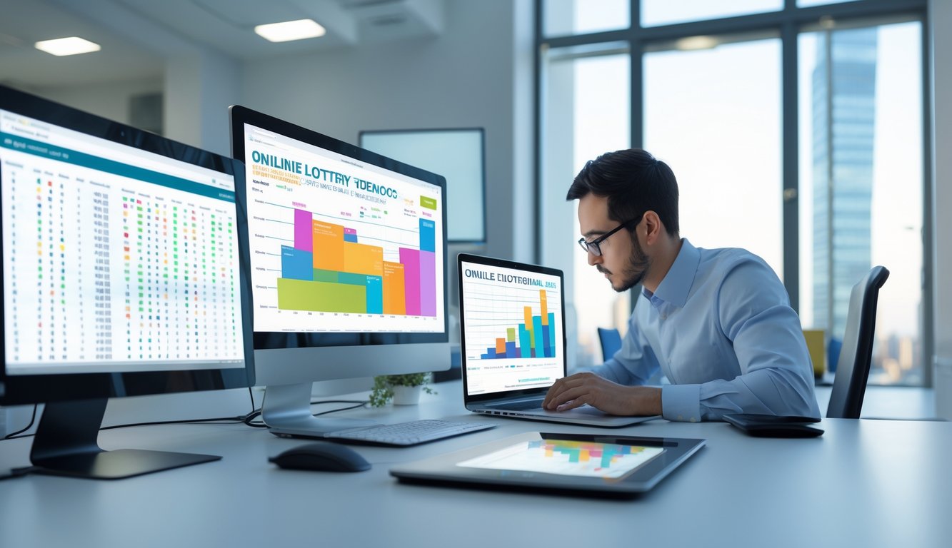 Seorang profesional sedang menganalisis data angka togel secara online di meja kerja dengan beberapa layar komputer yang menampilkan grafik dan angka.