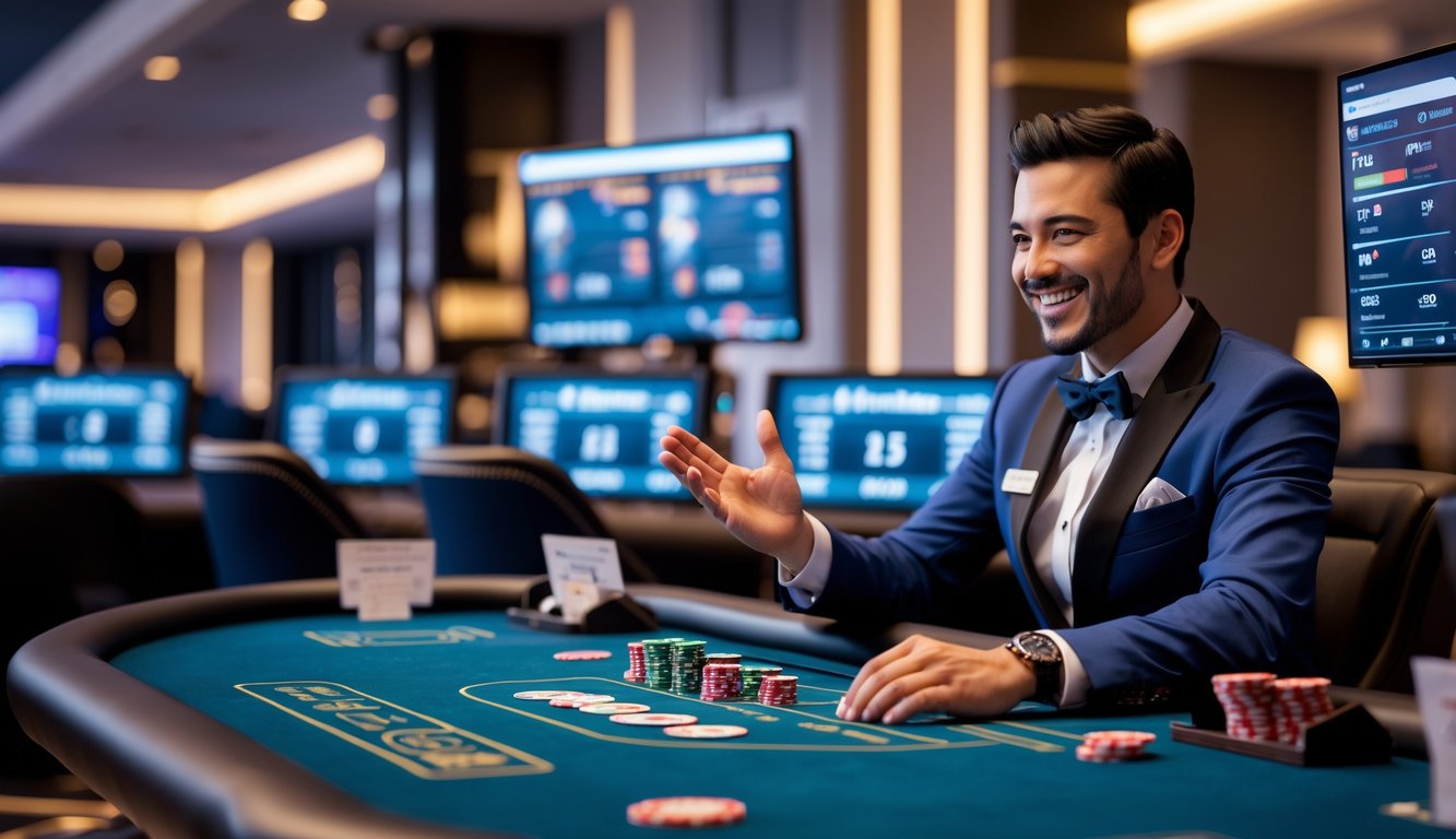 Seorang dealer profesional di meja kasino dengan kartu dan chip, berinteraksi secara langsung melalui kamera dalam suasana kasino online.